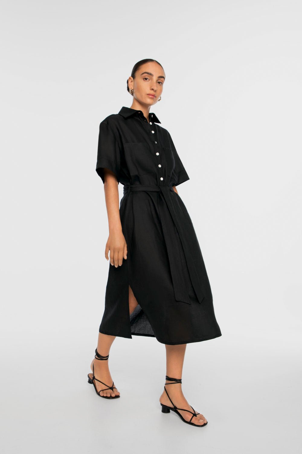 Linen Midi Shirtdress - dāl the label-Black