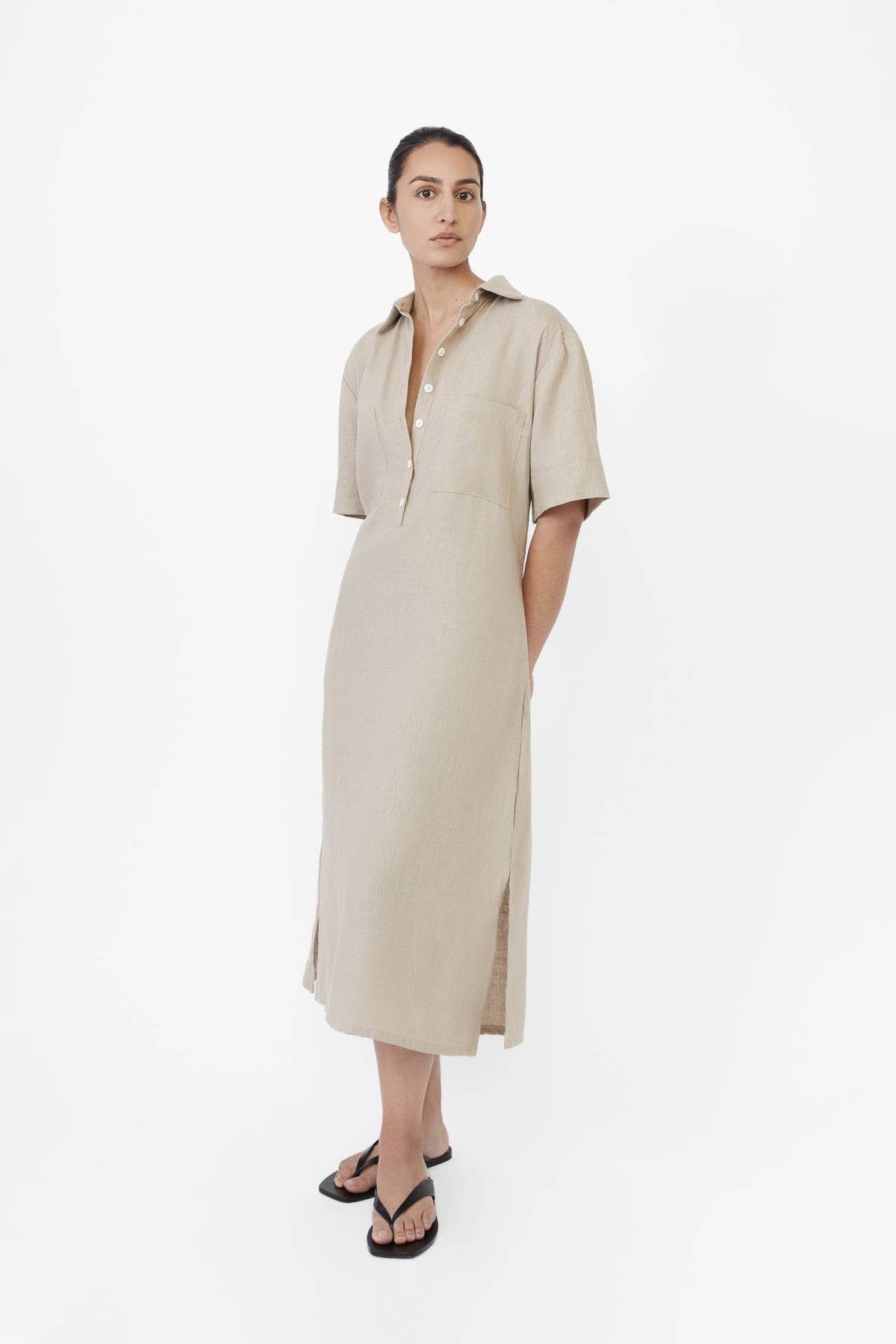 Linen Midi Shirtdress - dāl the label-Oat