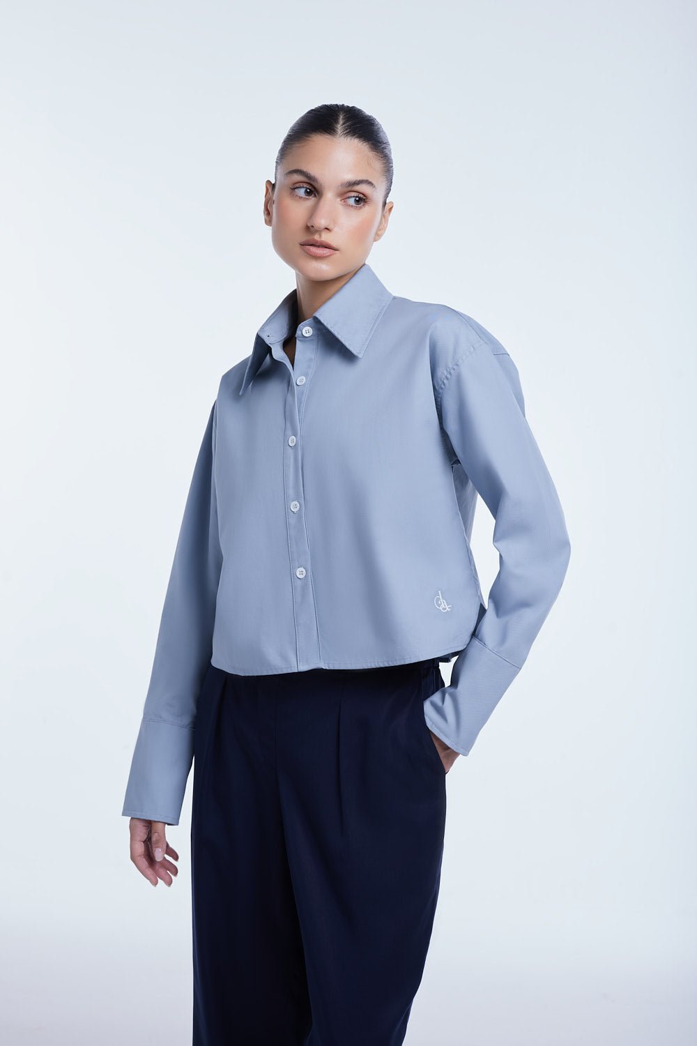 Cropped Cotton Button Down Shirt - dāl the label - Blue Gray