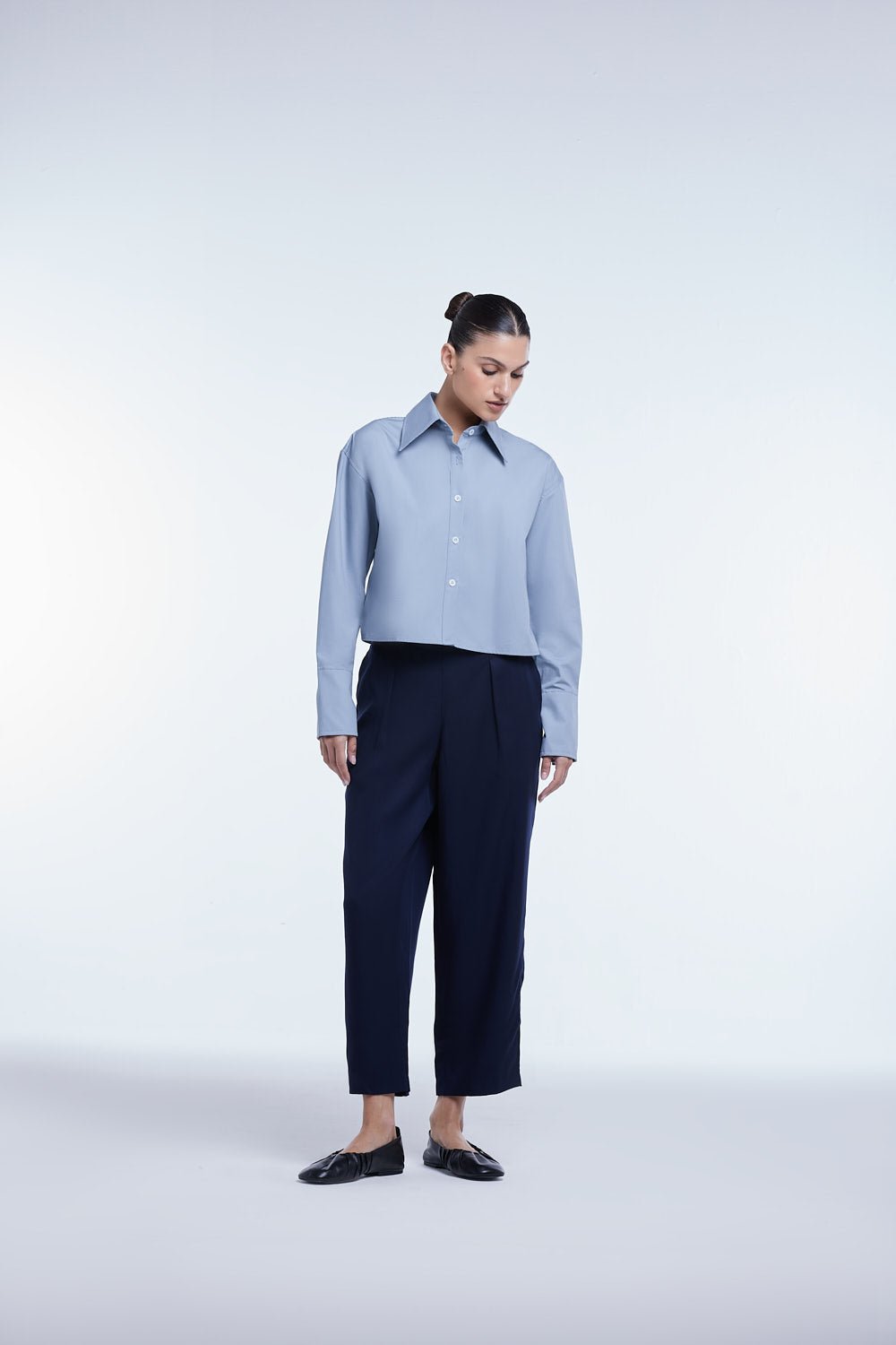 Cropped Cotton Button Down Shirt - dāl the label - Blue Gray