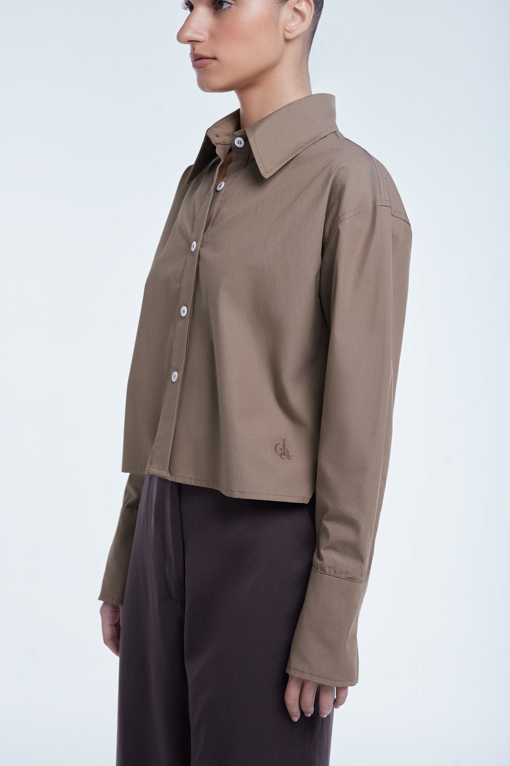 Cropped Cotton Button Down Shirt - dāl the label - Khaki