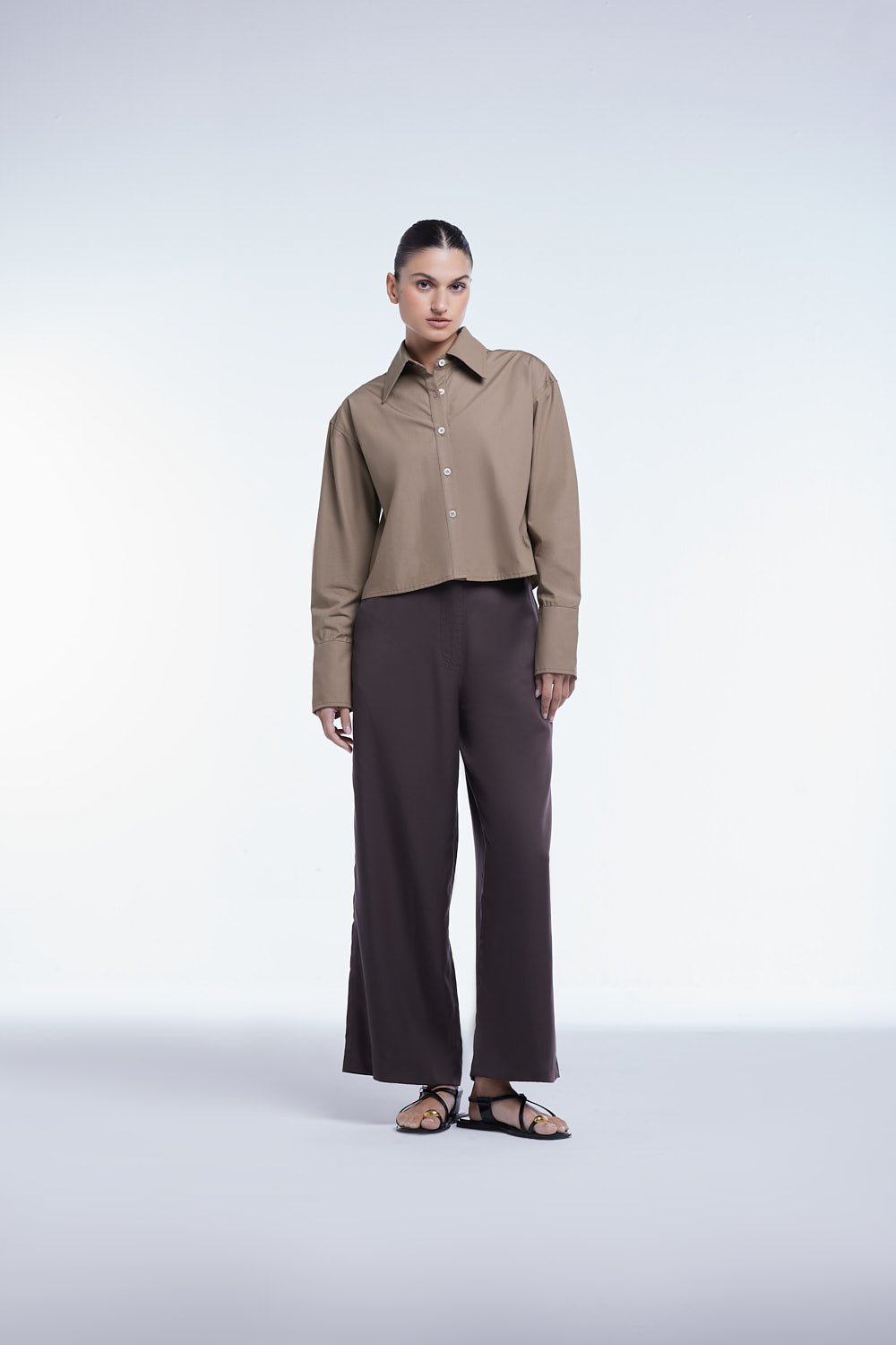 Cropped Cotton Button Down Shirt - dāl the label - Khaki