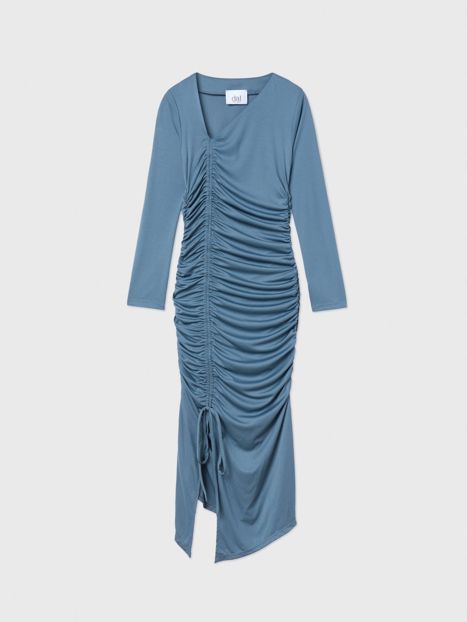 Ruched Asymmetric Midi Dress Blue Gray / S Ruched Asymmetric Midi Dress Blue Gray / S