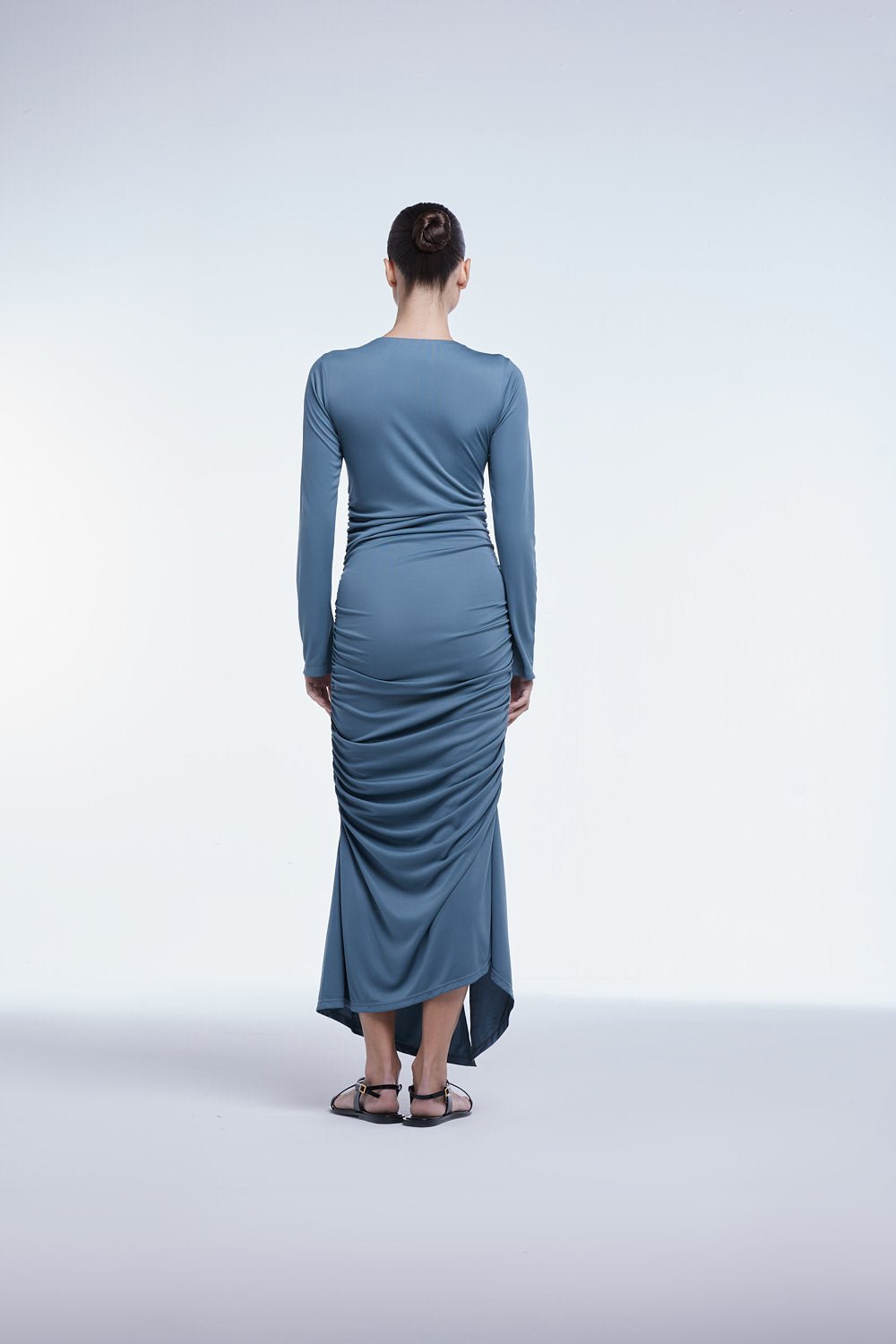 Ruched Asymmetric Midi Dress - dāl the label - Blue Gray