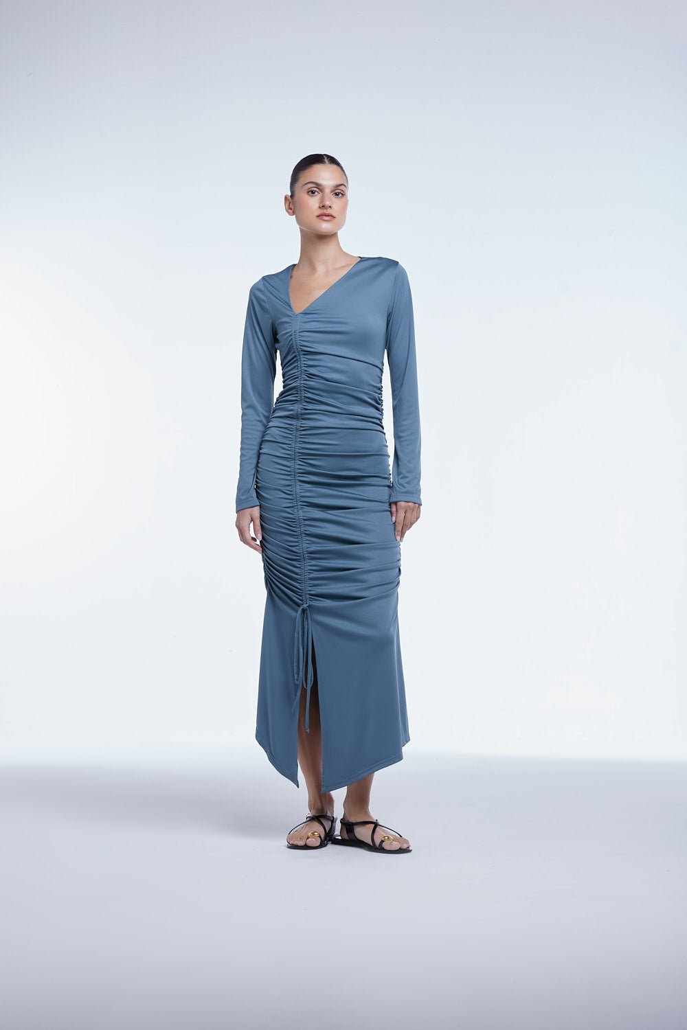 Ruched Asymmetric Midi Dress - dāl the label - Blue Gray