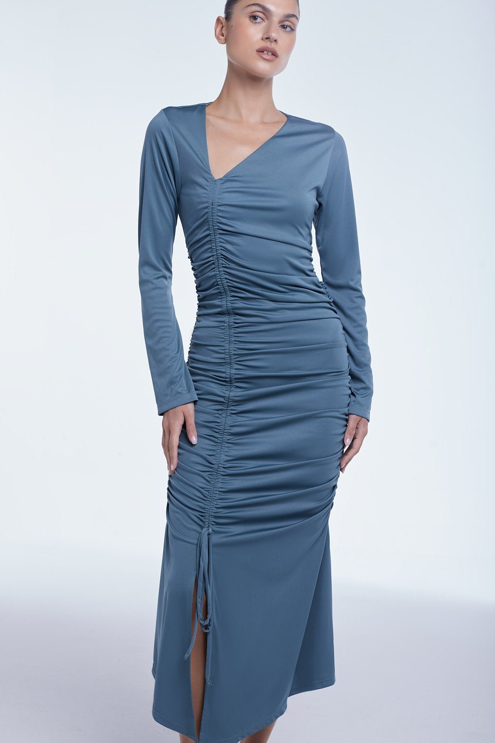 Ruched Asymmetric Midi Dress Raisin / Xs Ruched Asymmetric Midi Dress Raisin / Xs