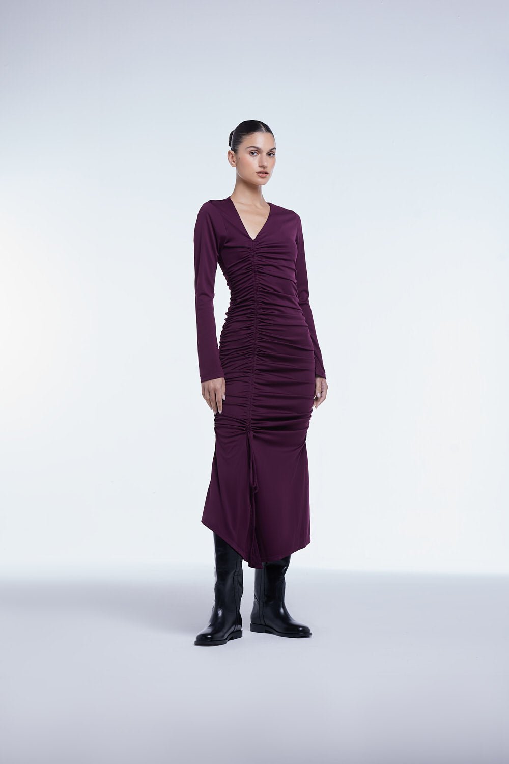 Ruched Asymmetric Midi Dress - dāl the label - Raisin