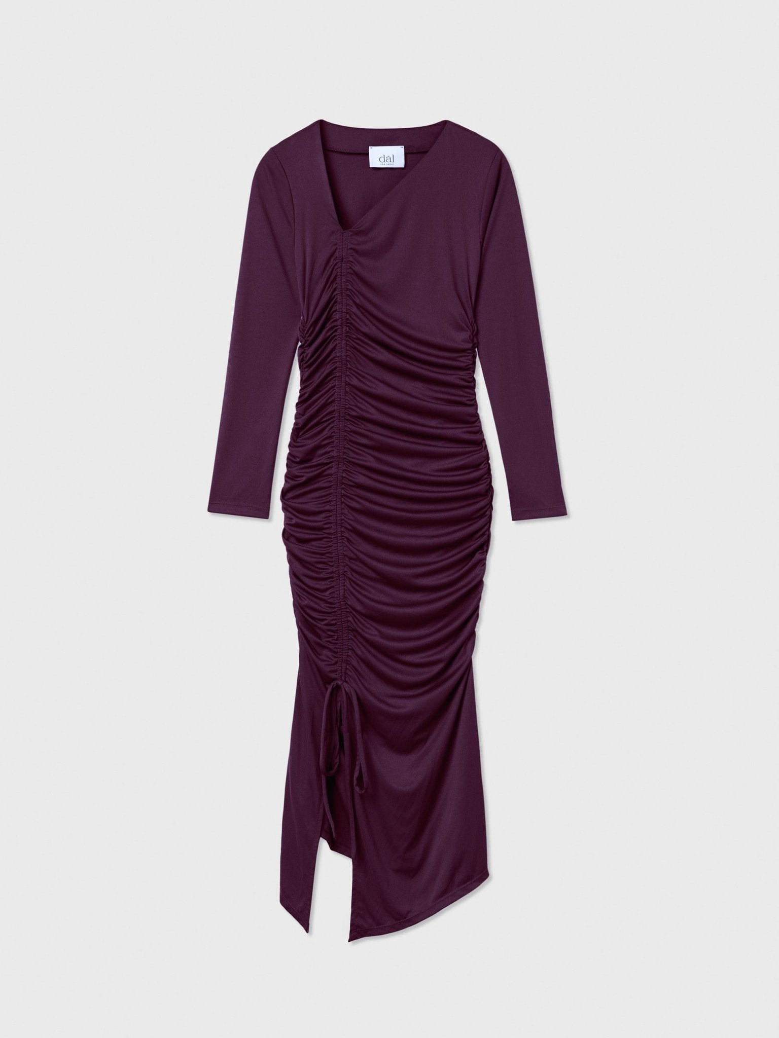 Ruched Asymmetric Midi Dress - dāl the label - Raisin