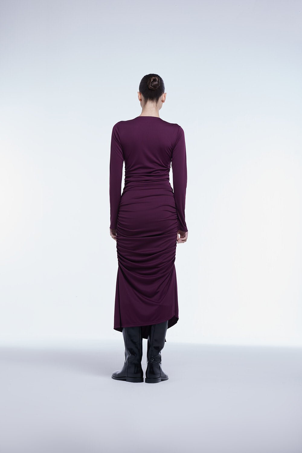 Ruched Asymmetric Midi Dress - dāl the label - Raisin