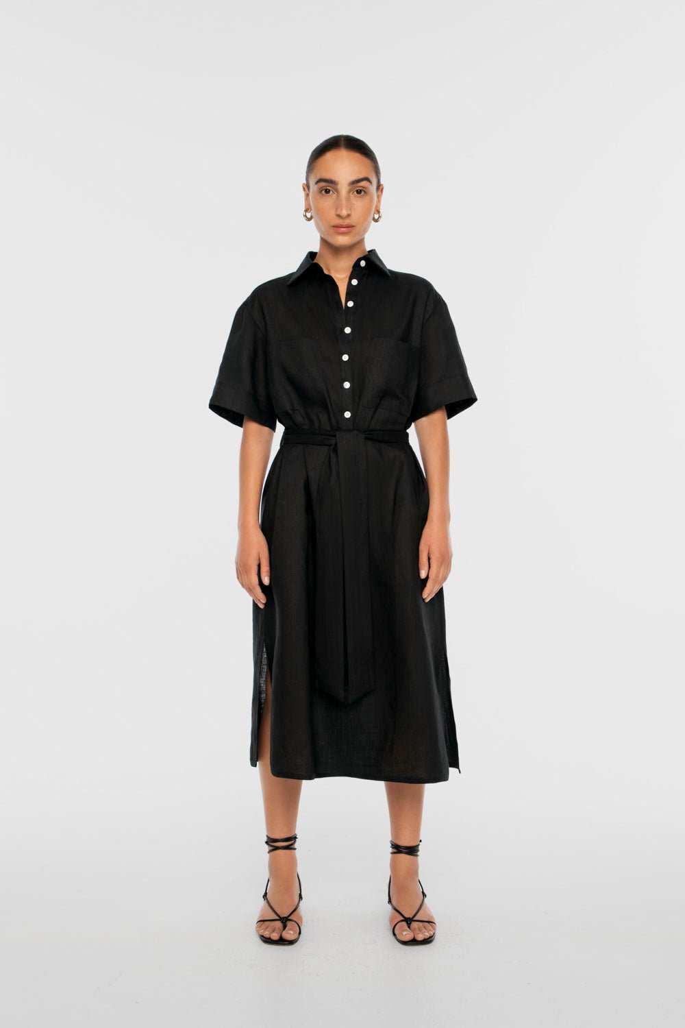 Linen Midi Shirtdress - dāl the label-Black