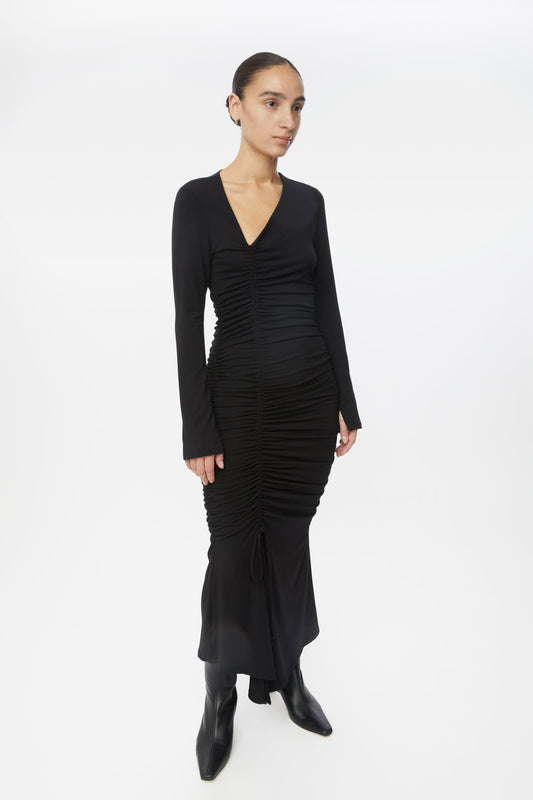 Modal Ruched Asymmetric Midi Dress - dāl the label-Black