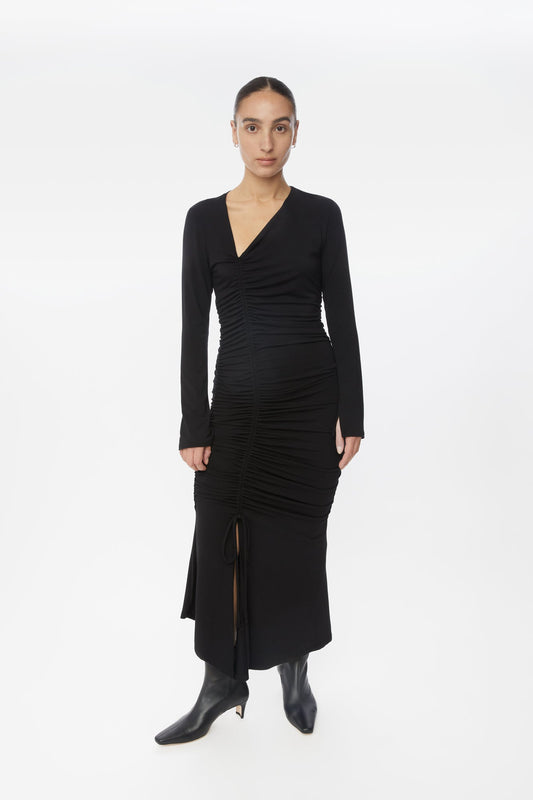 Modal Ruched Asymmetric Midi Dress - dāl the label-Black