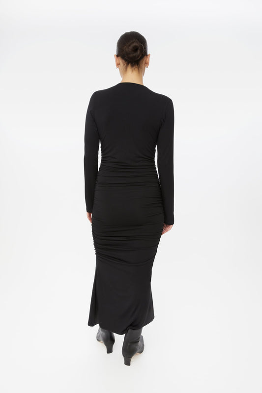 Modal Ruched Asymmetric Midi Dress - dāl the label-Black