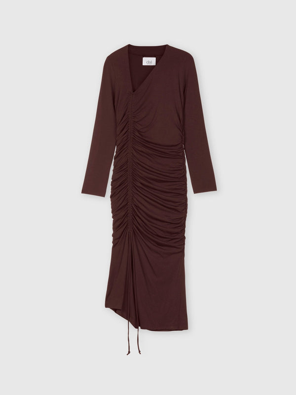 Modal Ruched Asymmetric Midi Dress - dāl the label-Chocolate