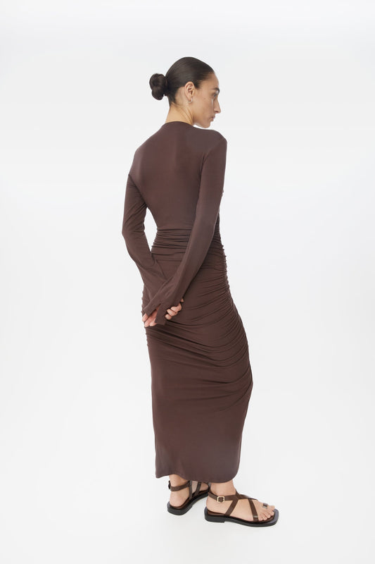 Modal Ruched Asymmetric Midi Dress - dāl the label-Chocolate