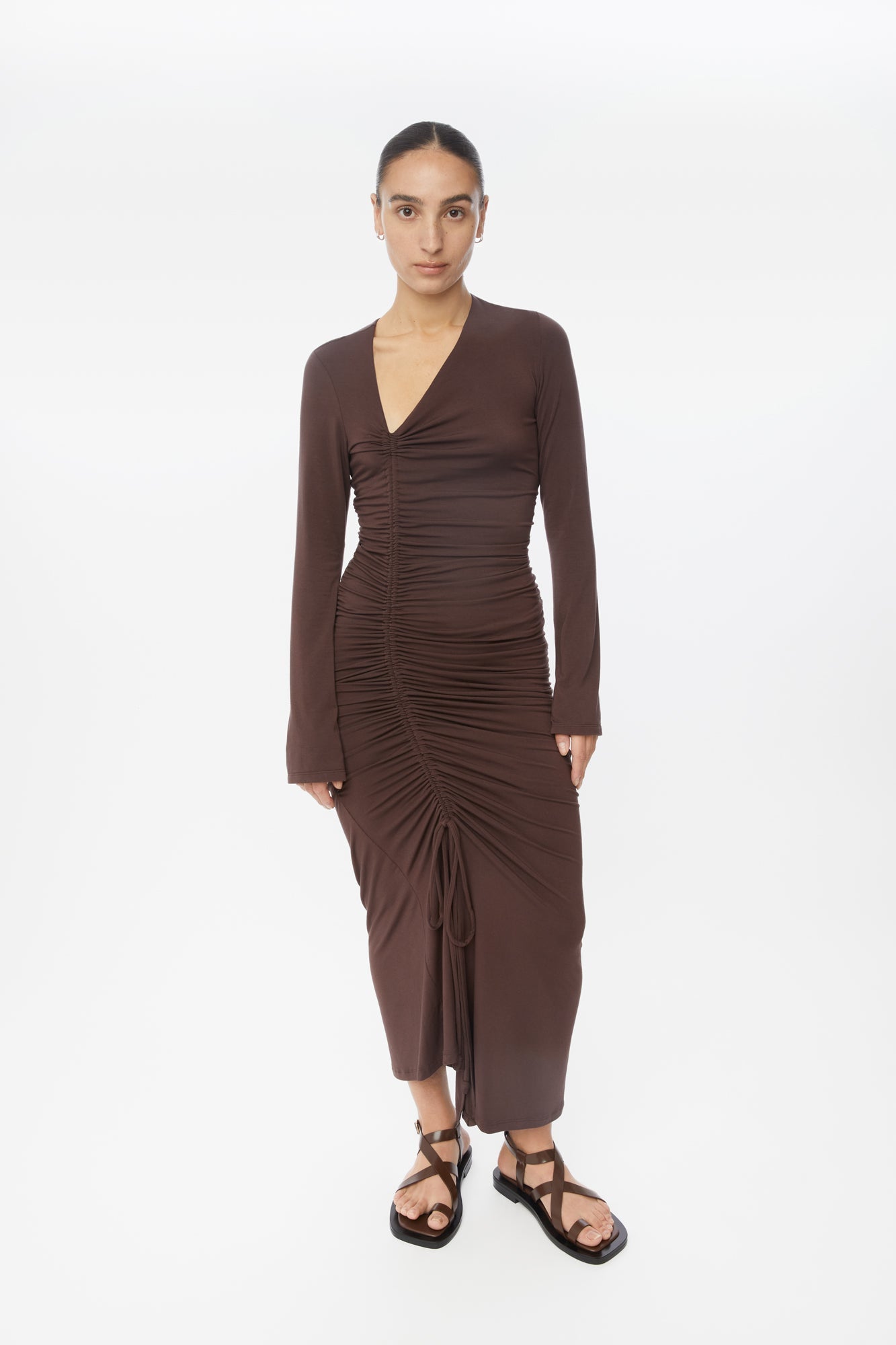 Modal Ruched Asymmetric Midi Dress - dāl the label-Chocolate