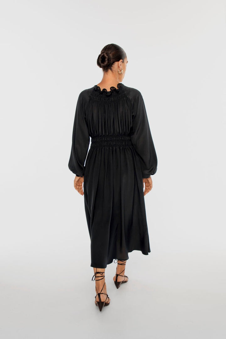 Signature Silk Shirred Midi Dress - dāl the label-Black