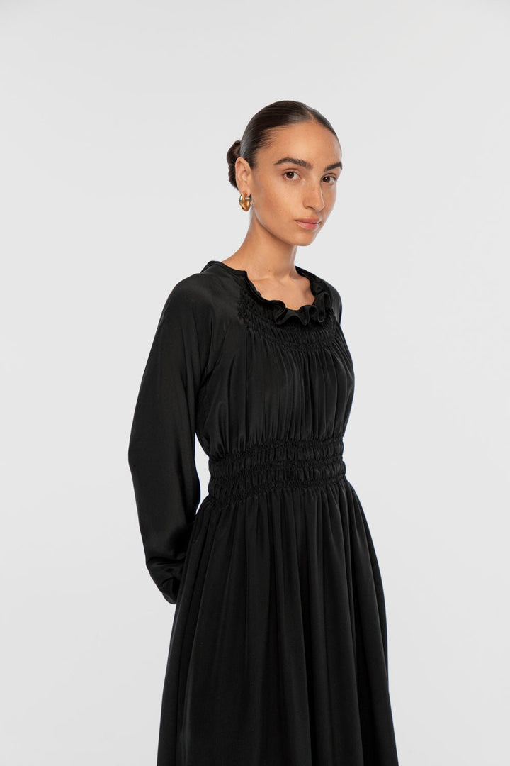Signature Silk Shirred Midi Dress - dāl the label-Black