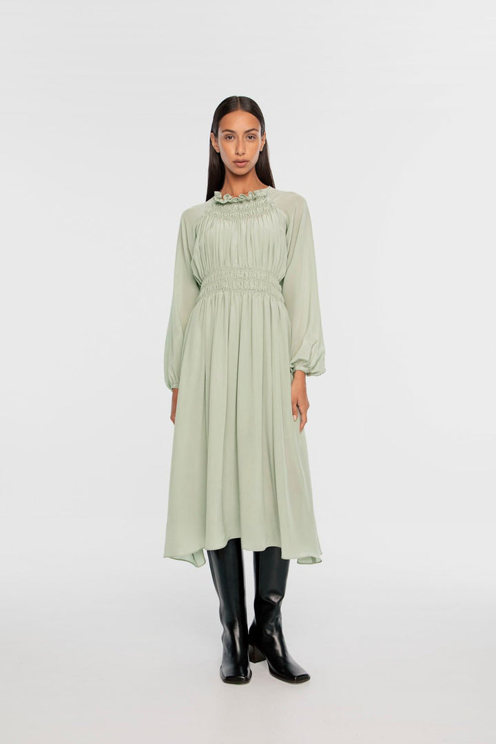Signature Silk Shirred Midi Dress - dāl the label-Sage