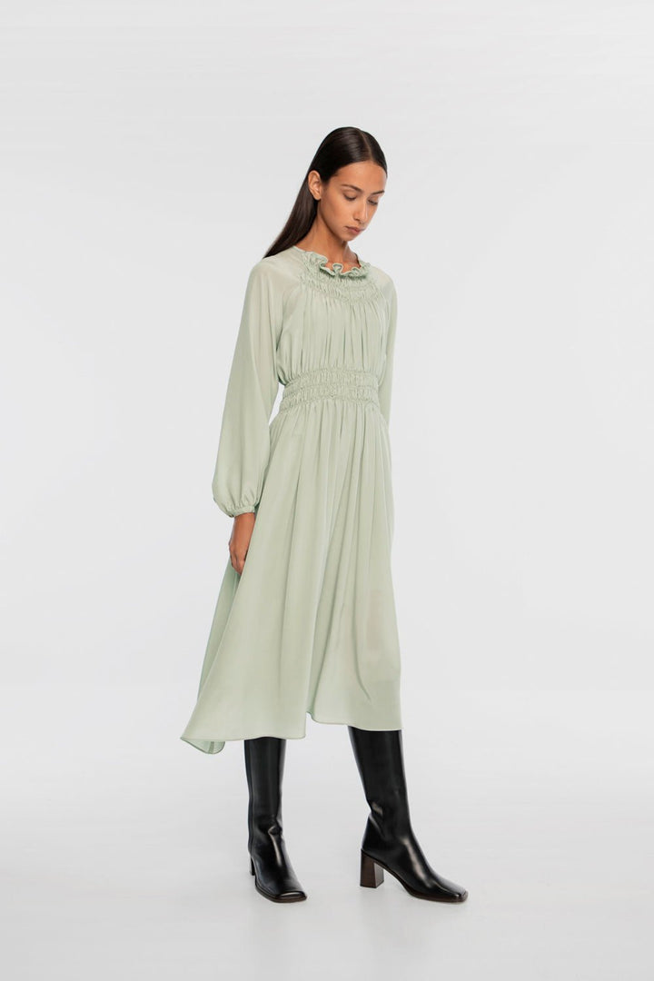 Signature Silk Shirred Midi Dress - dāl the label-Sage